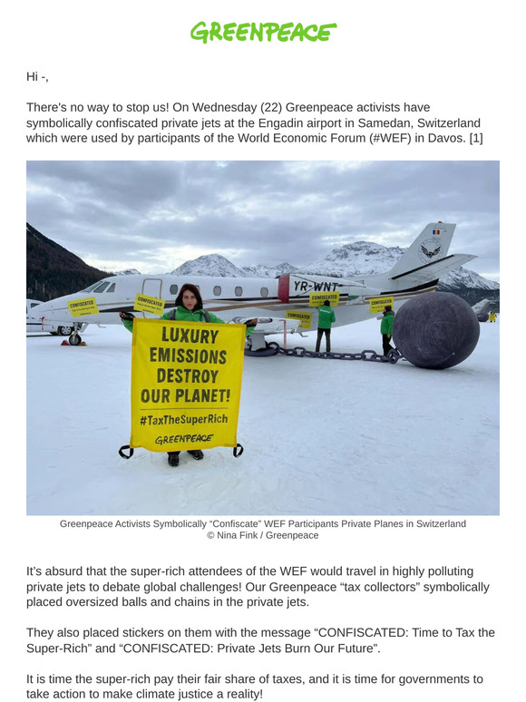 You should have seen: Greenpeace International activists symbolically confiscate private jets at Davos!