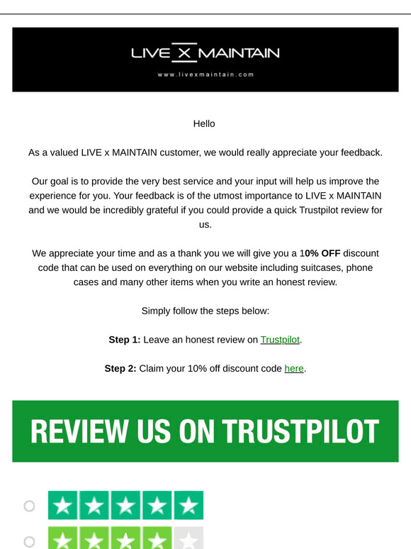 Hey  , 10% Off with Trustpilot review