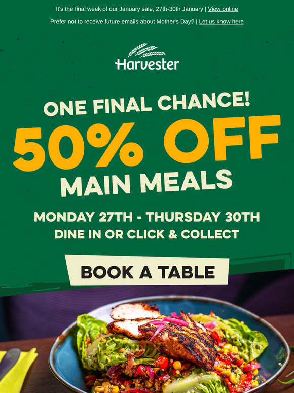 Last chance for 50% off main meals 😮