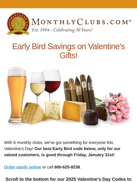 💘 Early Bird Savings on Valentine's Gifts from MonthlyClubs.com