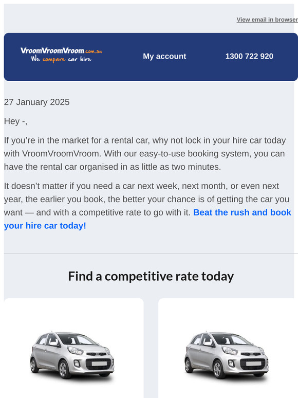 Get a great rate on a hire car today with VroomVroomVroom!