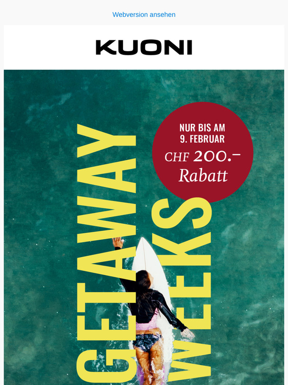 Nur für kurze Zeit: Getaway Weeks mit CHF 200.– Rabatt