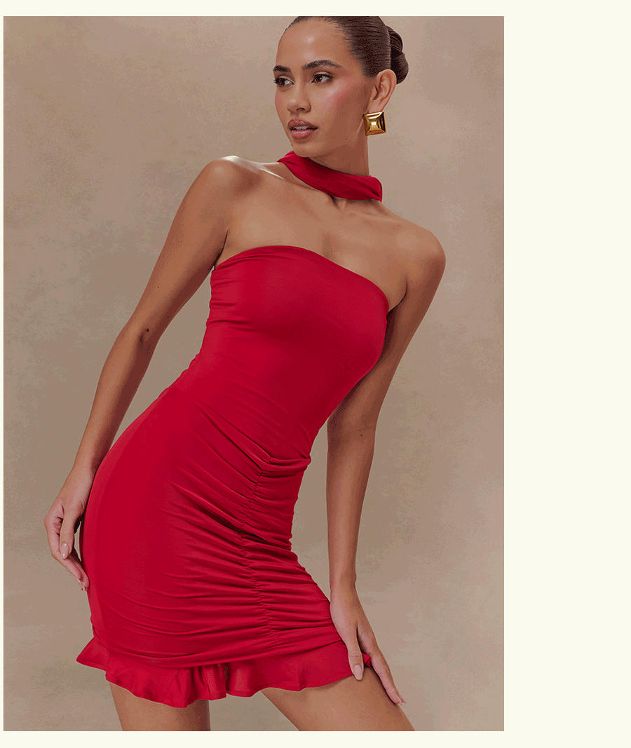 Caspian Slinky And Mesh Off Shoulder Mini Dress - Ruby