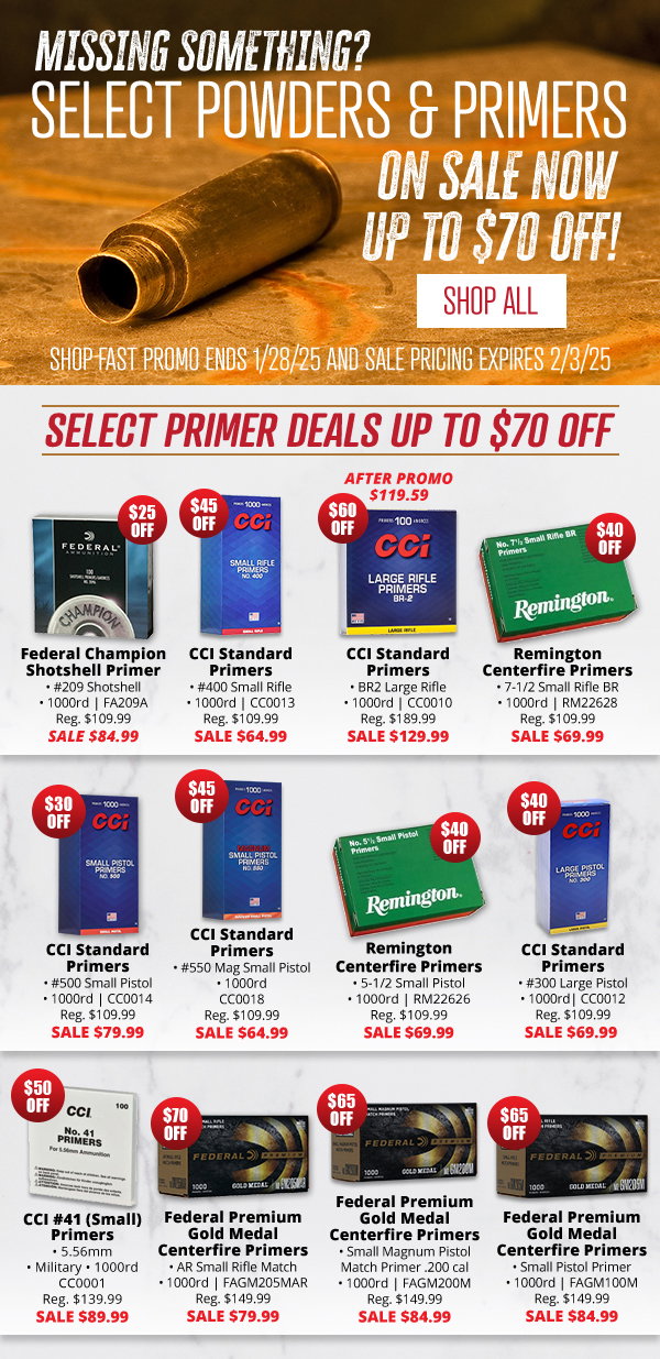 Select Powders and Primers on Sale Now Up to $70 Off!