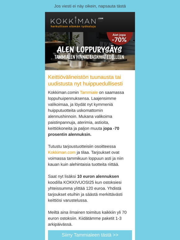 Kokkimanin Tammiale huipentuu. Alet nyt jopa -70%. Myös lahjakortit tarjouksessa.
