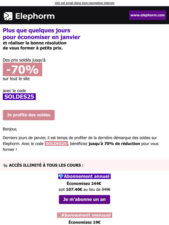 Des soldes jusqu'à 70% en janvier avec Elephorm