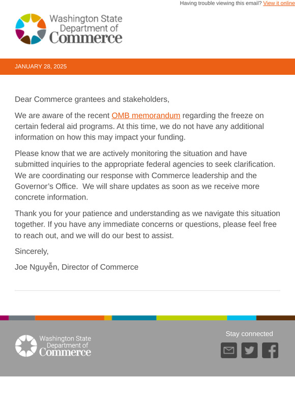 A message about the freezing of federal funding