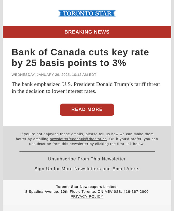 Toronto Star Bank of Canada cuts key rate by 25 basis points to 3