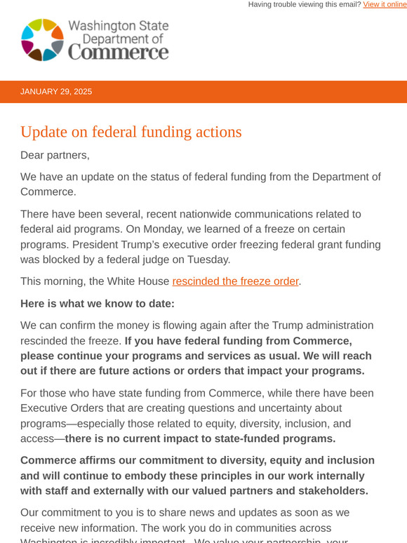 UPDATE: Status of federal funding