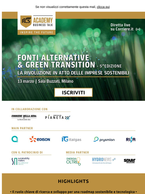 Business Talk Fonti Alternative & Green Transition 5^Ed. -  in collaborazione con il Corriere della Sera. Iscriviti gratuitamente.
