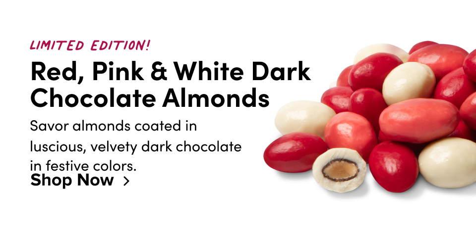 Red, Pink & White Dark Chocolate Almonds, Shop Now