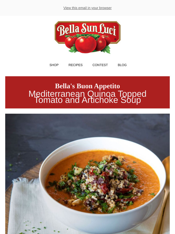 Enjoy this Mediterranean Quinoa Topped Tomato & Artichoke Soup