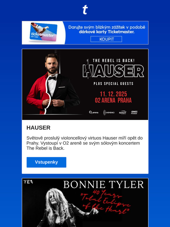 HAUSER | Bonnie Tyler| Avatar Live in Concert |  Ticketmaster Awards | a další akce na Ticketmaster