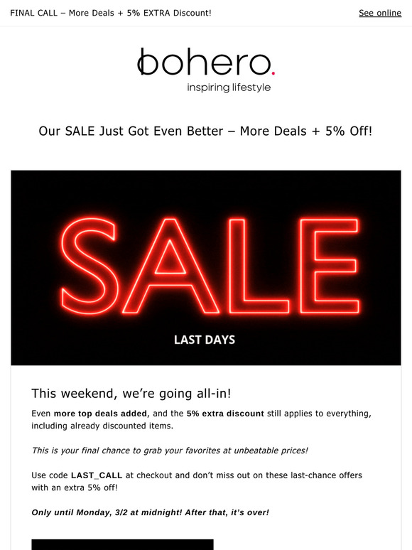 FINAL CALL – More Deals + 5% EXTRA Discount!
