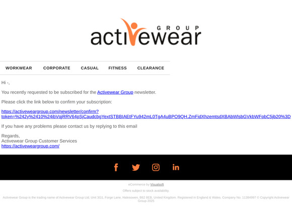 Activewear Group: Confirm Newsletter Subscription