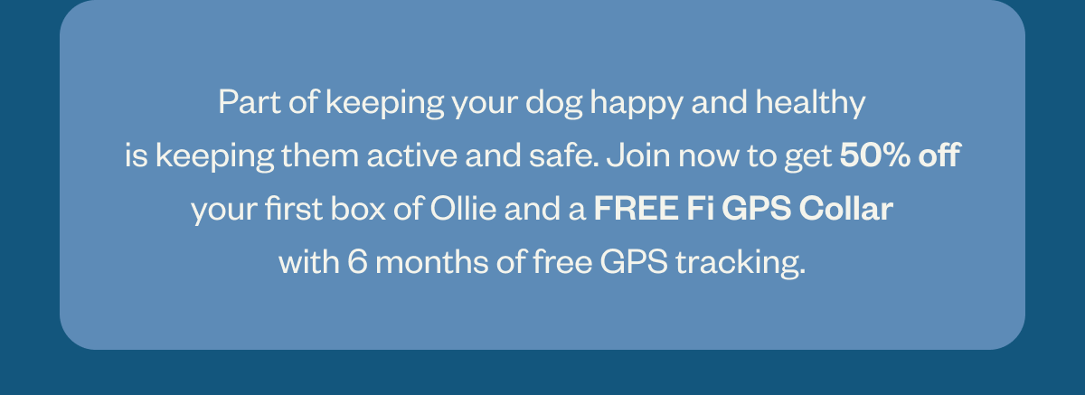 Part of keeping your pup happy and healthy is keeping them active and safe. Join now to get 50% off your first box of Ollie and a FREE Fi GPS Collar with 6 months of free GPS tracking.