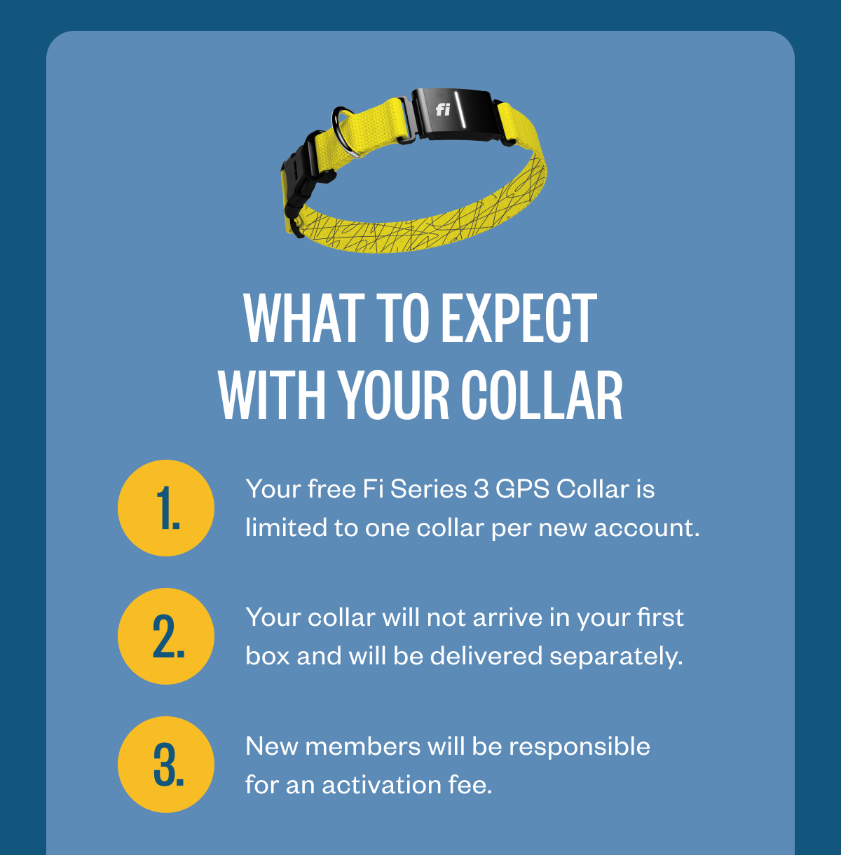 What to expect with your collar Your free Fi Series 3 GPS Collar is limited to one collar per new account. Your collar will not arrive in your first box and will be delivered separately. New members will be responsible for an activation fee.