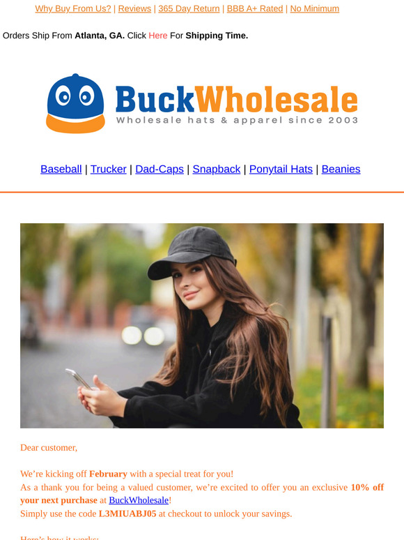 bc Your February Discount is Here! Get 10% Off Hats at BuckWholesale
