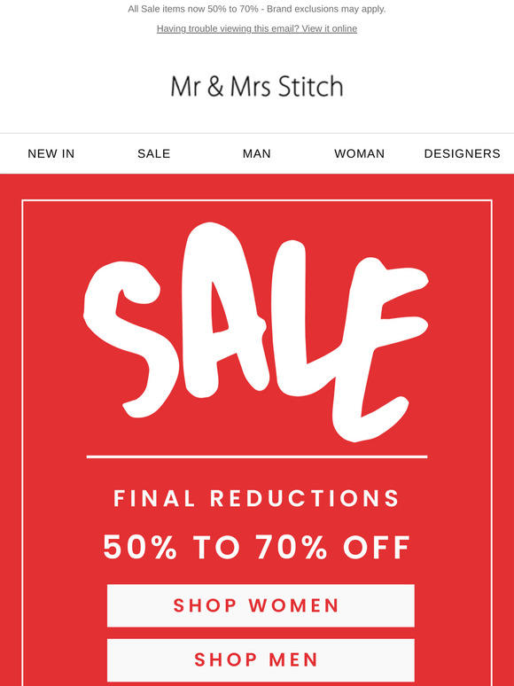 Don't miss out - 70% OFF - Final Reductions - Ending soon