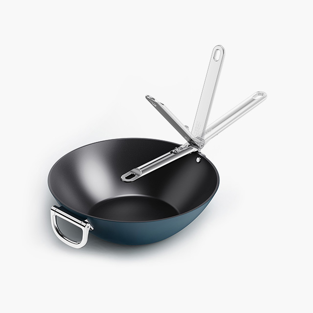 Space Folding Handle Ceramic Non-stick 32cm Blue Wok