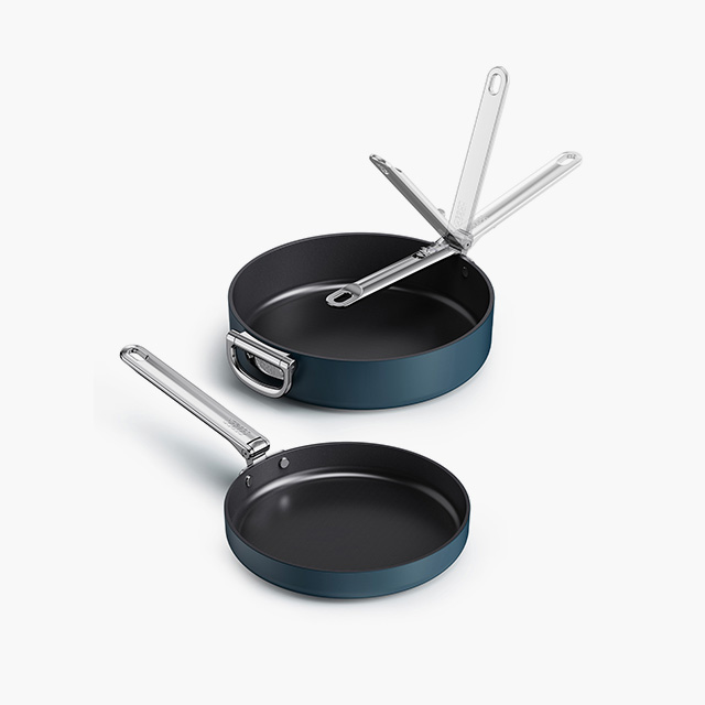 Space Folding Handle Ceramic Non-stick 2-piece Blue Frying Pan Set