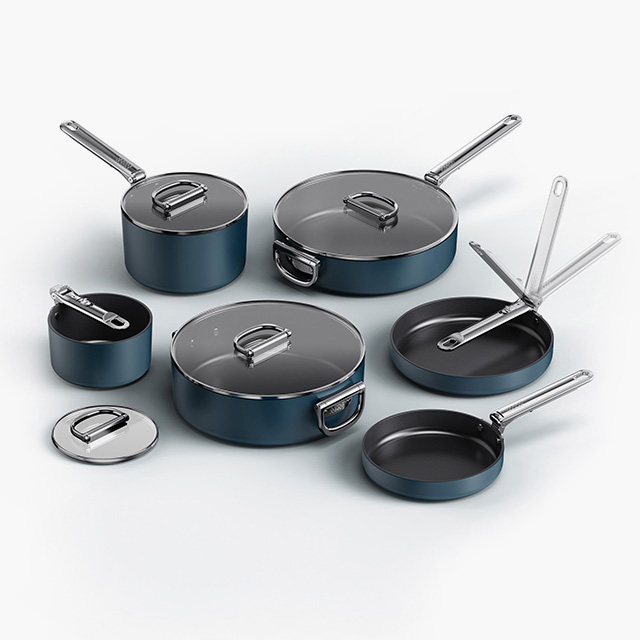 Space Folding Handle Ceramic Non-stick 6-piece Blue Cookware Set