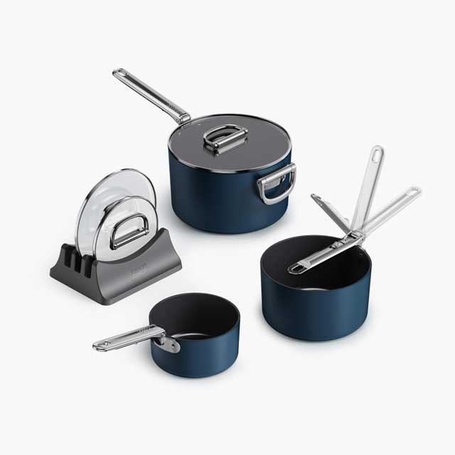 Space Folding Handle Ceramic Non-stick 3-piece Blue Saucepan Set