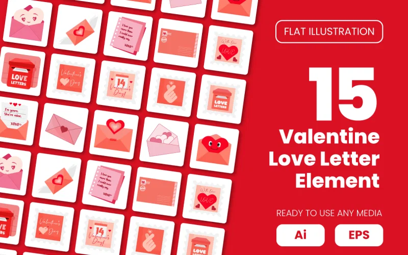 Collection of Valentine Love Letter Element in Flat Illustration
