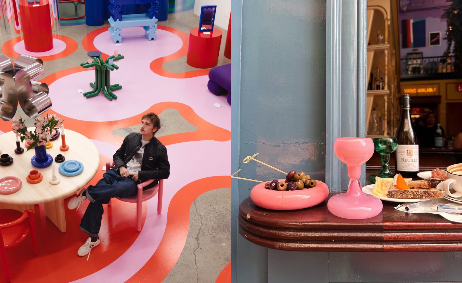designer sits amid colourful furniture and homeware