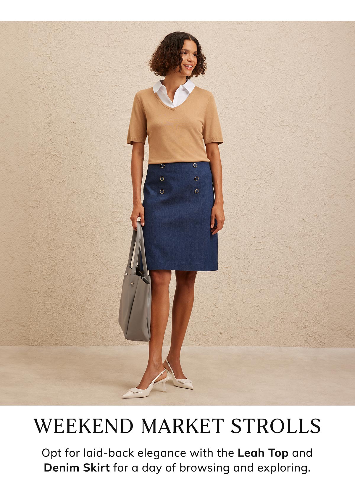 Weekend Market Strolls Opt for laid-back elegance with the Leah Top and Denim Skirt for a day of browsing and exploring.