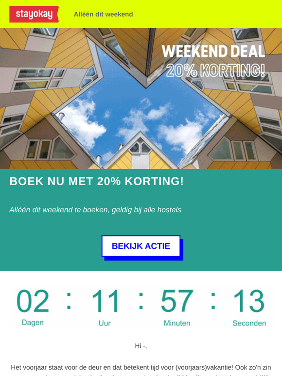 ⏰ Alléén dit weekend: 20% korting op alle hostels! ⏰