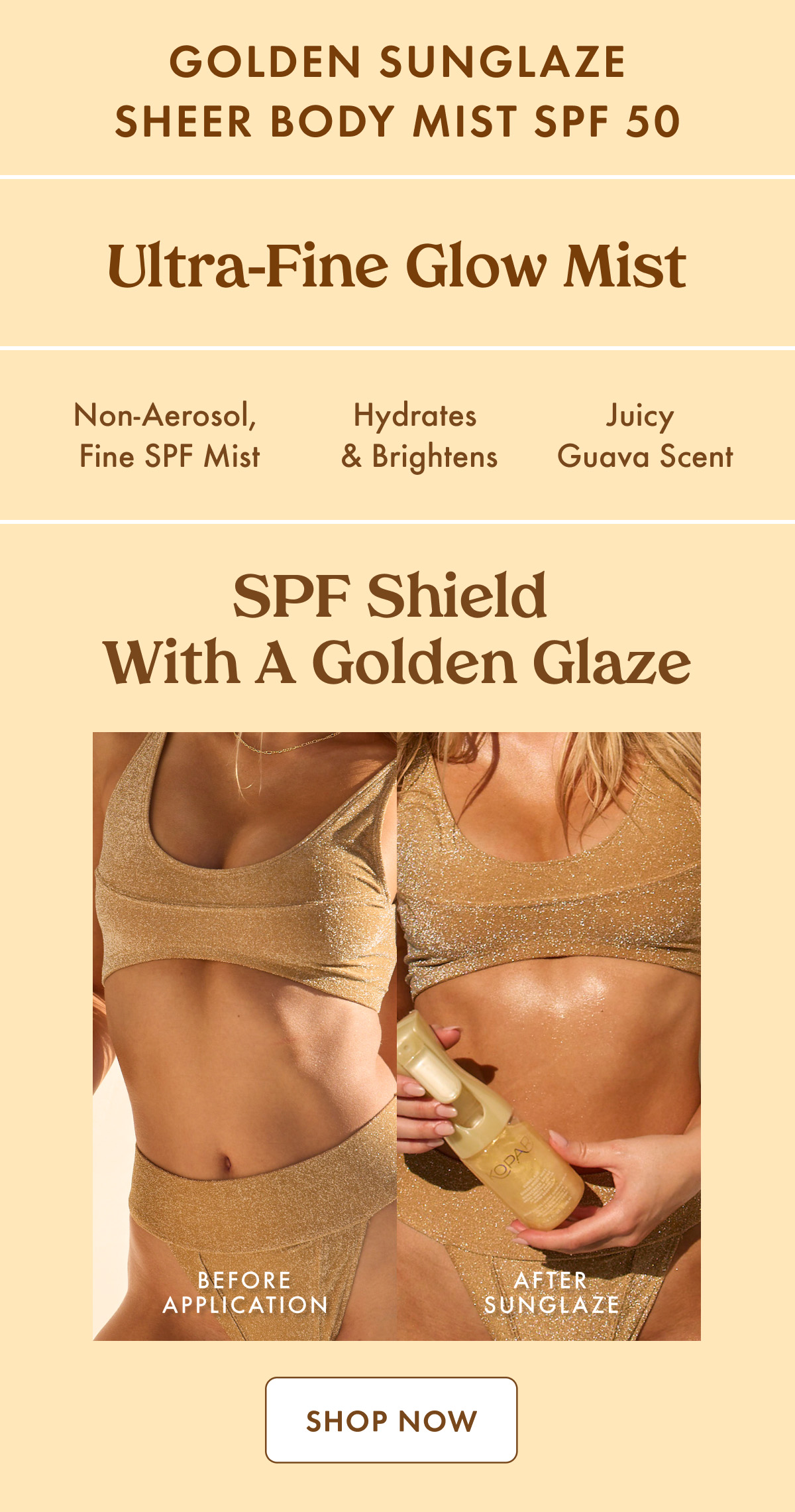 GOLDEN SUNGLAZE SHEER BODY MIST SPF 50 Refresh & Protect Non-Aerosol, Fine SPF Mist Ultra-Fine Glow Mist Hydrates  & Brightens Juicy Guava Scent SPF Shield With a Golden Glaze shop NOW