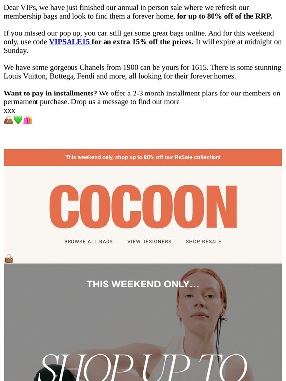 15% extra code for VIPs 💚🛍️ for COCOON preloved Sale 💚🛍️ 80% off RRP