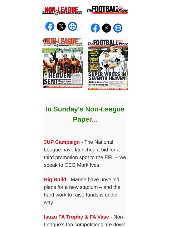 IN SUNDAY'S PAPERS > NLP:  EFL CEO Mark Ives on the idea of a third promotion spot / Reaction to Isuzu FA Trophy & FA Vase quarter-final draws // FLP: Reports & previews from the FA Cup 4th Round