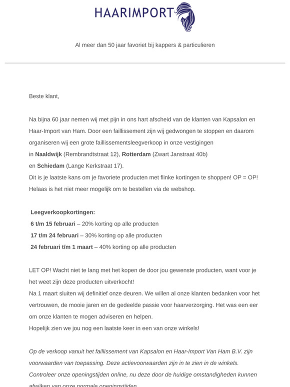 Faillissementsleegverkoop bij Haarimport – Tot 40% Korting!