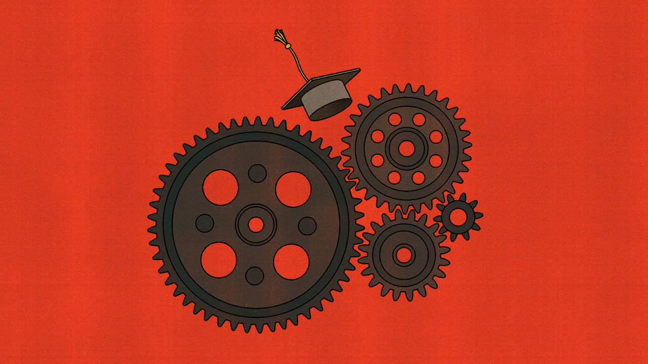 Illustration of a mortarboard about to fall into some cogs