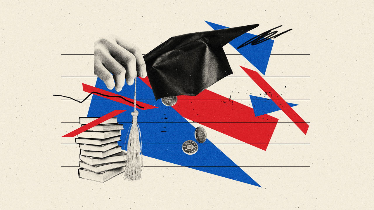 collage featuring a hand holding a graduation cap's tassel, a stack of books sits to the left, while coins scattered around hint at financial aspects like student debt. The background has bold red and blue shapes with graph-like lines.