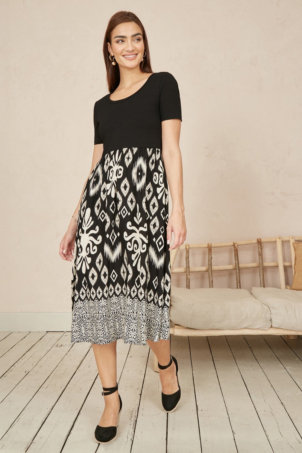 Image of Yumi Black Jersey Stretch Top And Ikat Skirt Midi Dress