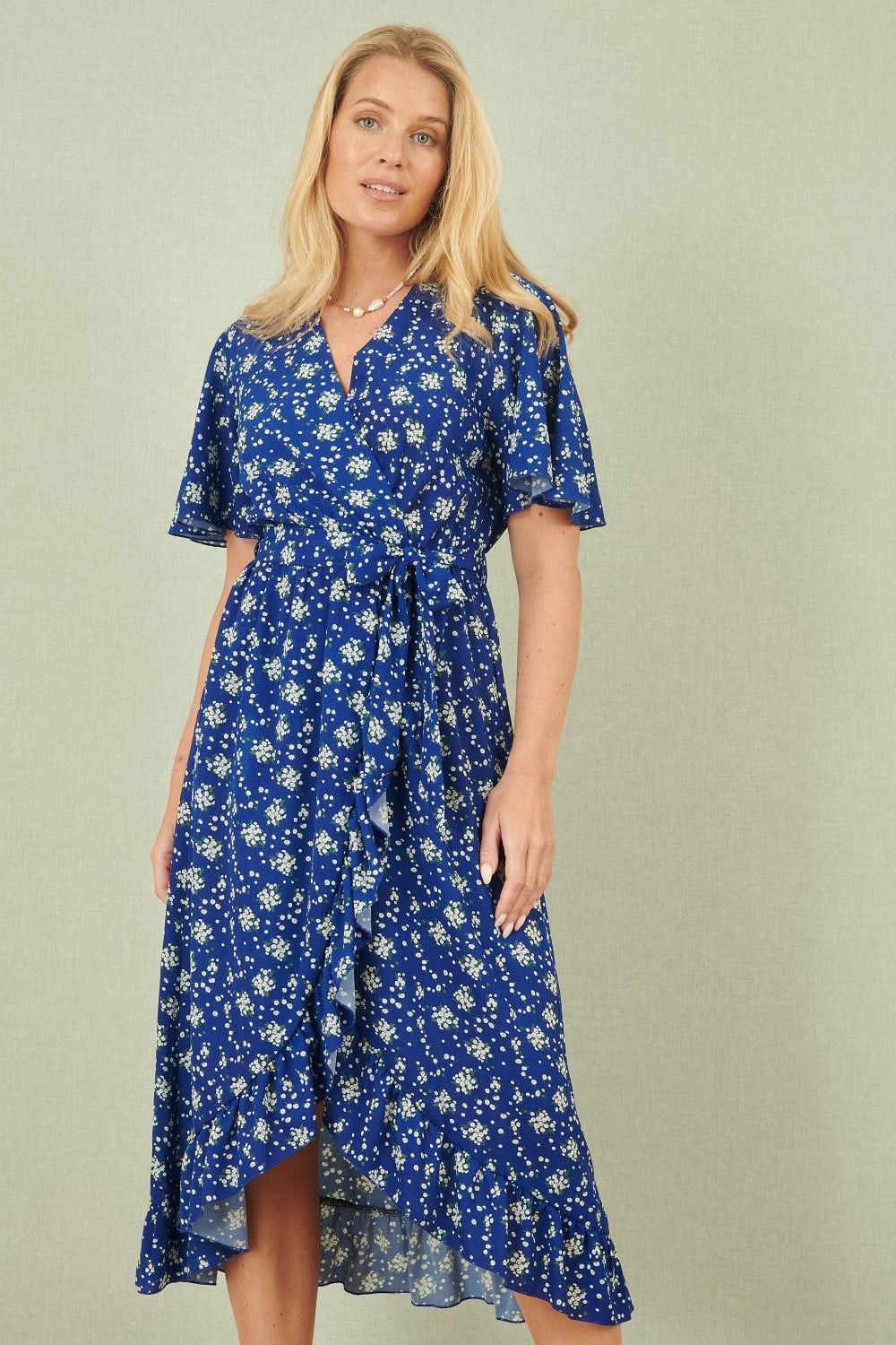 Image of Yumi Blue Floral Wrap Dress With Frill Hem