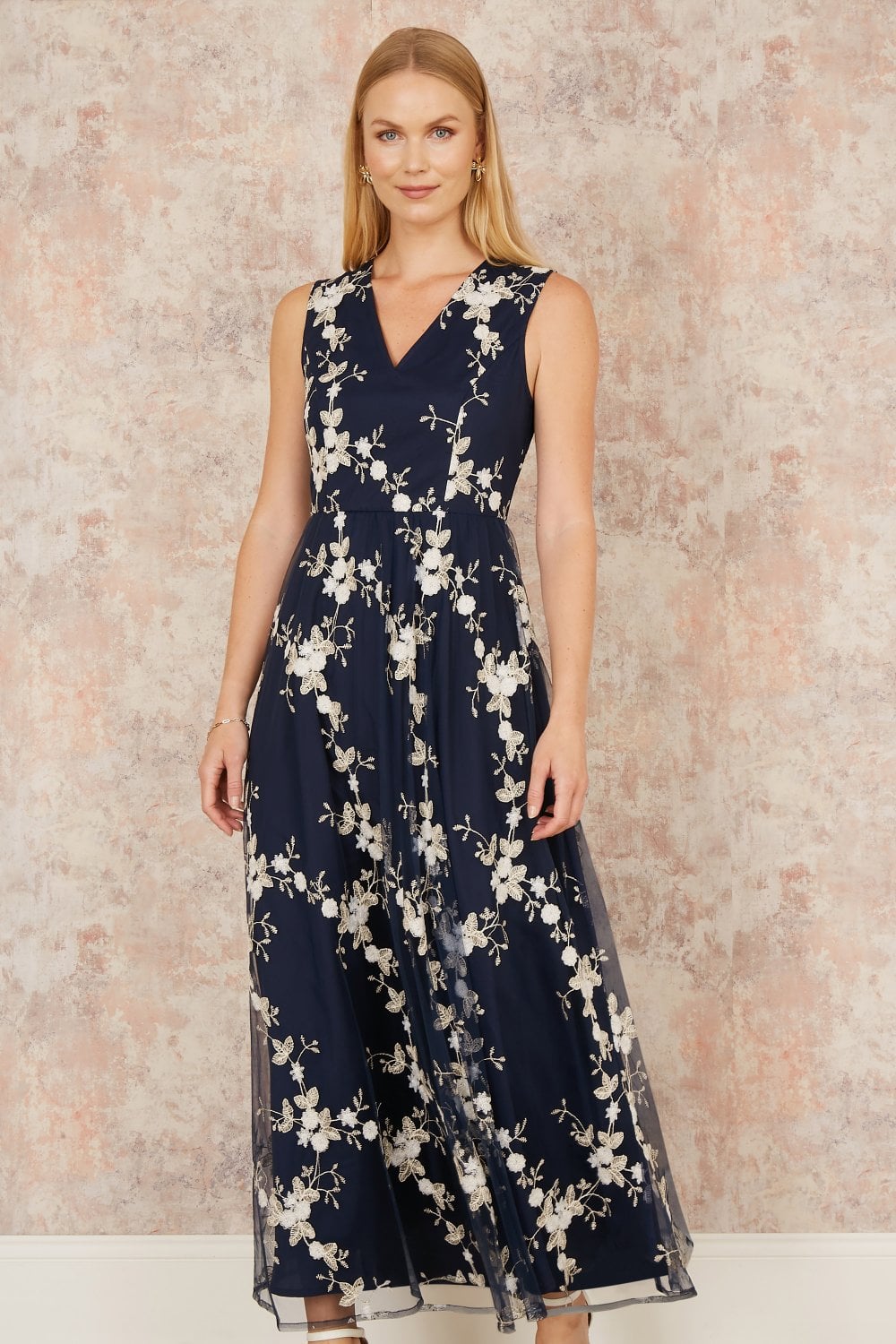 Image of Yumi Navy Mesh Embroidered Maxi Dress