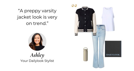 A preppy varsity jacket look is very on trend. Ashley Your Dailylook Stylist