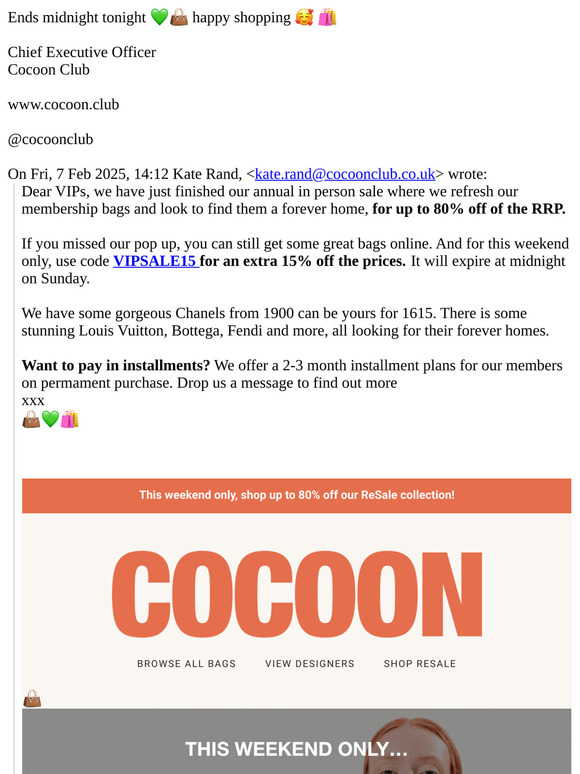 FINAL FEW HOURS 15% extra code for VIPs 💚🛍️ for COCOON preloved Sale 💚🛍️ 80% off RRP