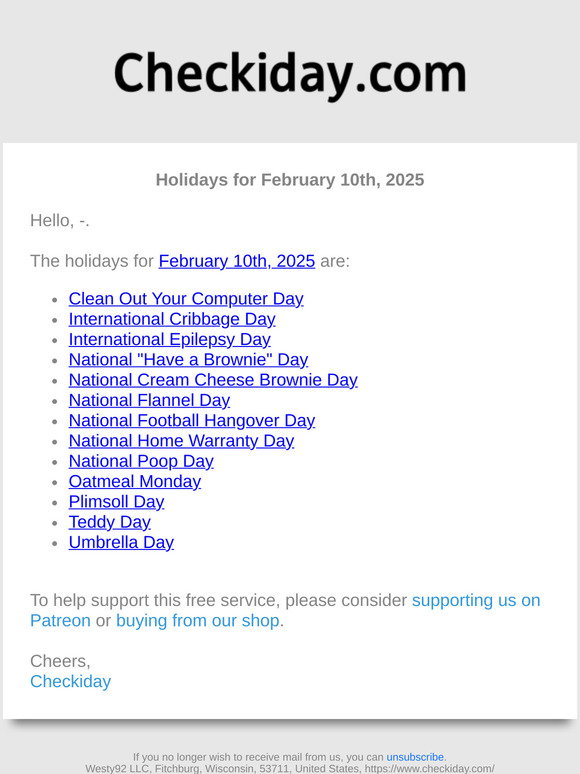 Checkiday: Holidays for February 10th, 2025! 📅🎉 | Milled