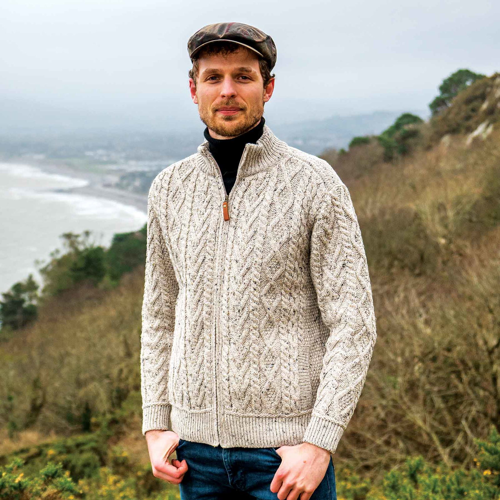 Image of Boyne Men's Zip Up Aran Knit Cardigan - Oatmeal
