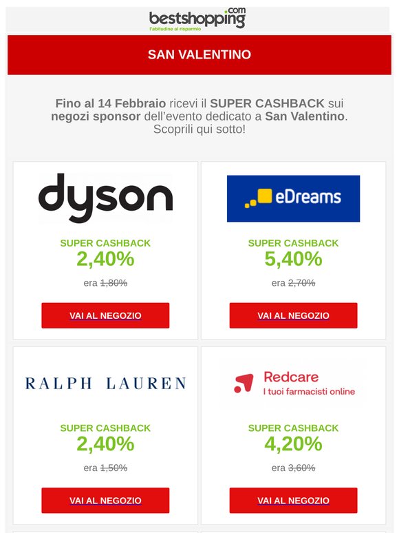San Valentino - Fino al 14/2 ricevi il Super Cashback sui negozi sponsor dell'evento