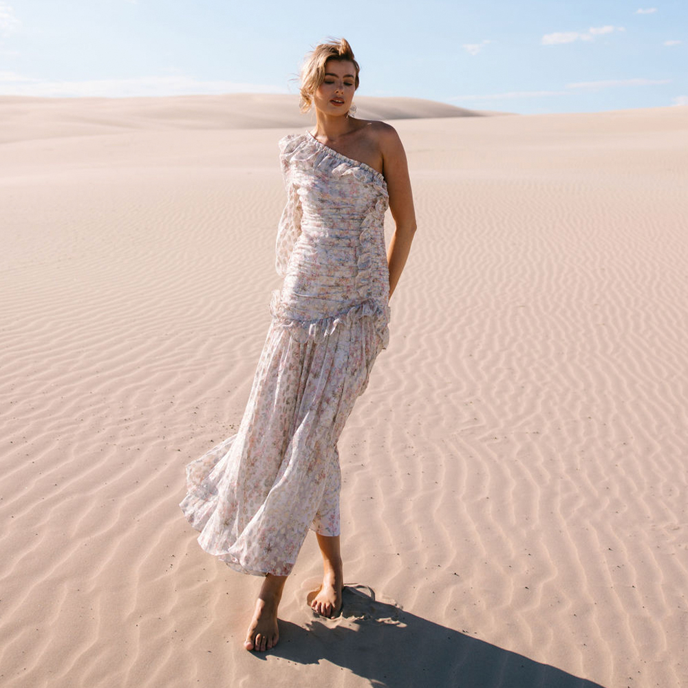 Ophelia Ditsy Lurex One-Shoulder Ankle Gown