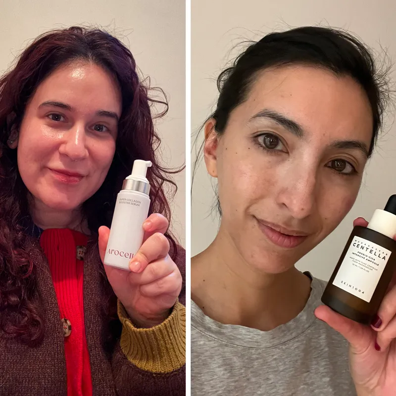 Three side-by-side selfies of people showing Korean serum bottles. Left to right: person with shoulder-length red hair holding a small white bottle, person with black hair pulled back holding a small brown bottle with dropper top, and person with black hair holding a silver bottle with pump top.
