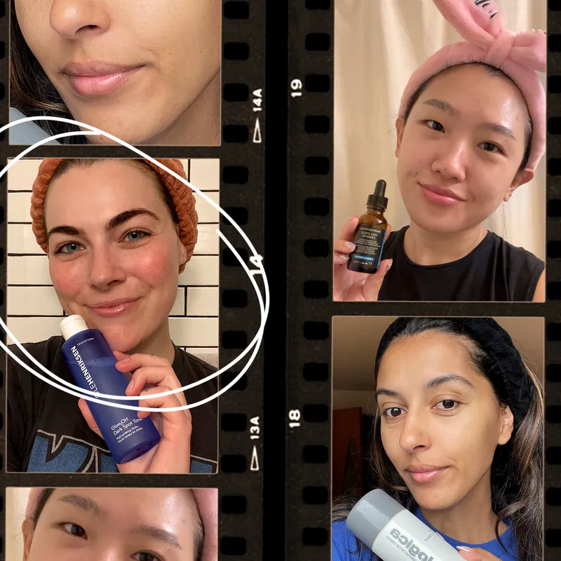 Film strips with images of people smiling with freshly washed faces and holding bottled products