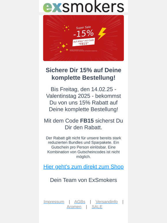 Spare 15% auf Deine komplette Bestellung!