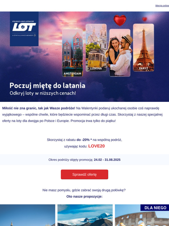 💞 Do -20% * na loty dla dwojga